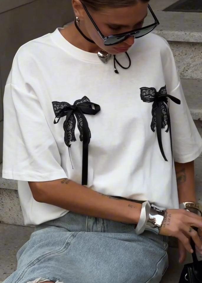 Lace Bow Embellished Oversized T-Shirt