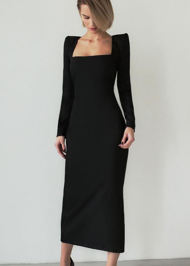 Luxe Long Sleeve Black Midi Dress