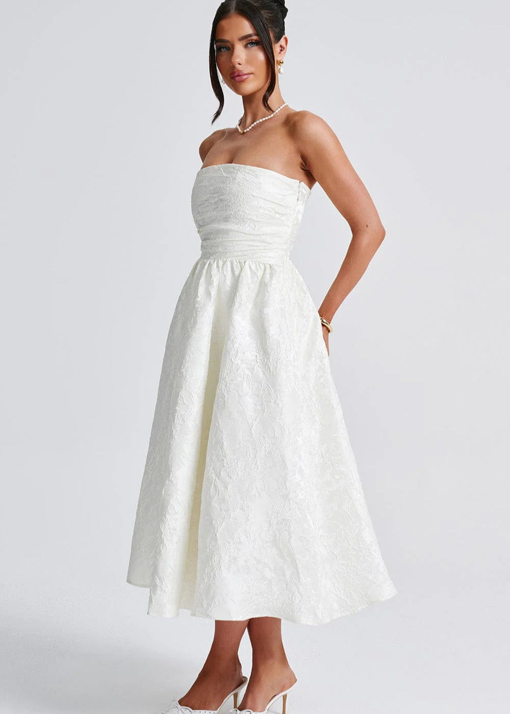 Ivory Rosette – White Strapless Jacquard Midi Dress with Corset Back