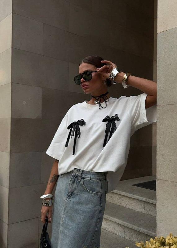 Lace Bow Embellished Oversized T-Shirt