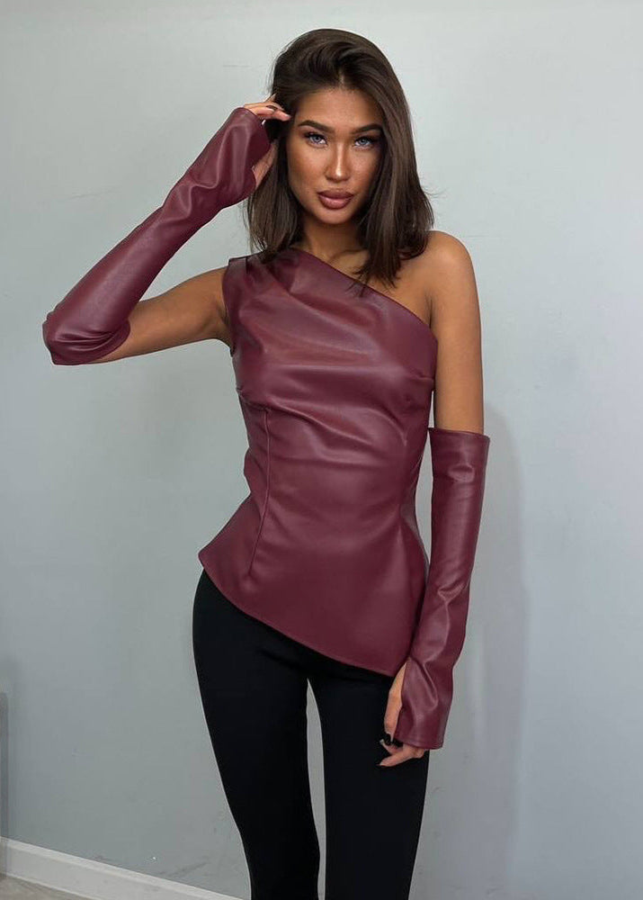 Asymmetric Eco-Leather Top with Gloves