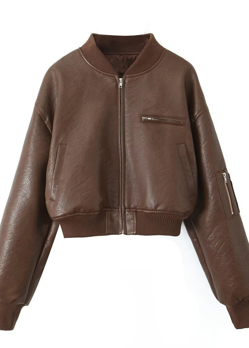 Rhea - Cropped Faux Leather Bomber Jacket