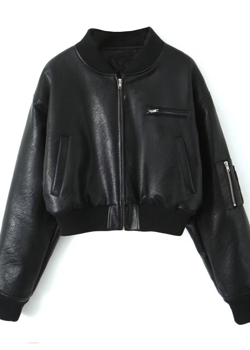 Vera - Cropped Faux Leather Bomber Jacket