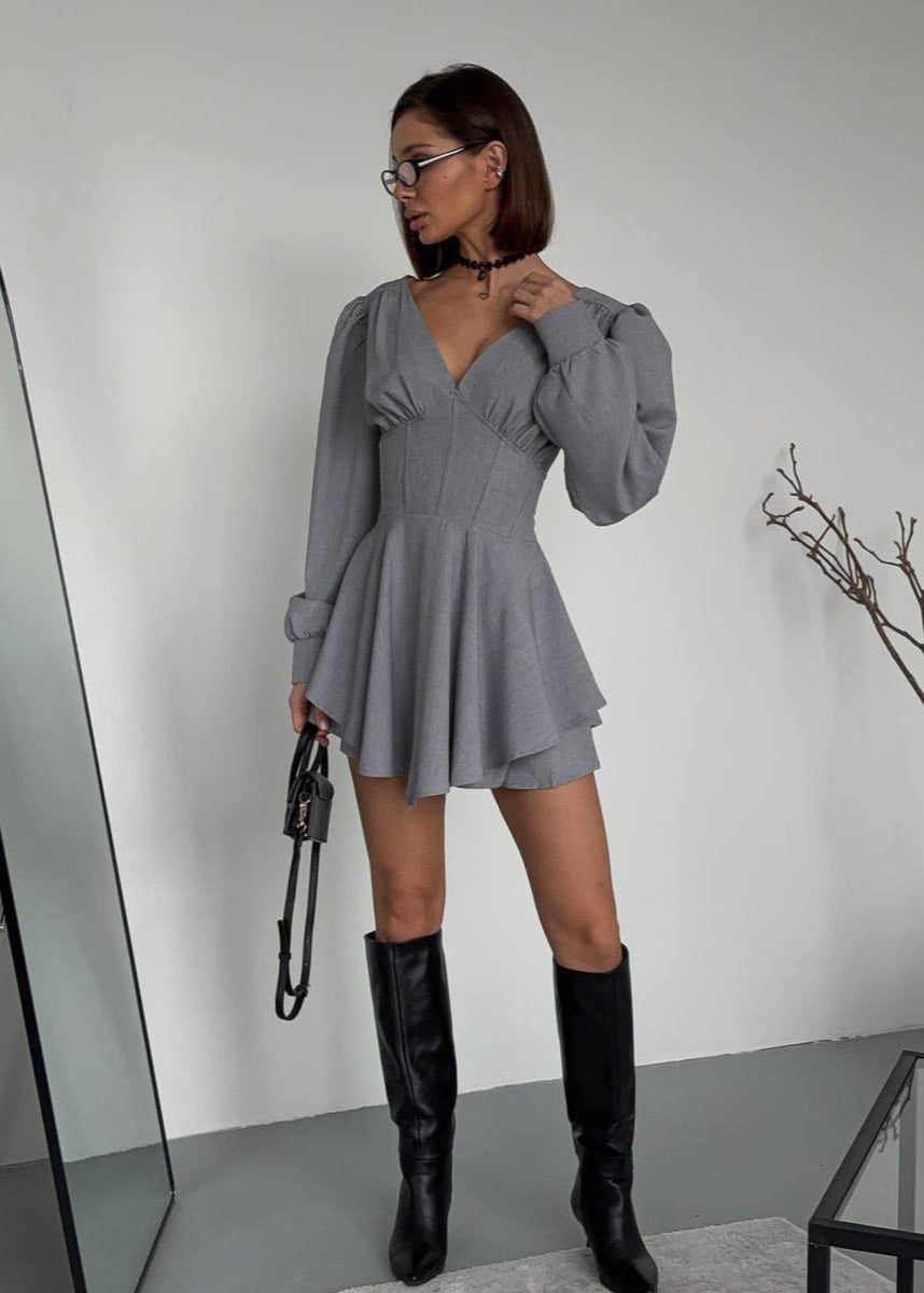 Structured V-Neck Flare Mini Dress