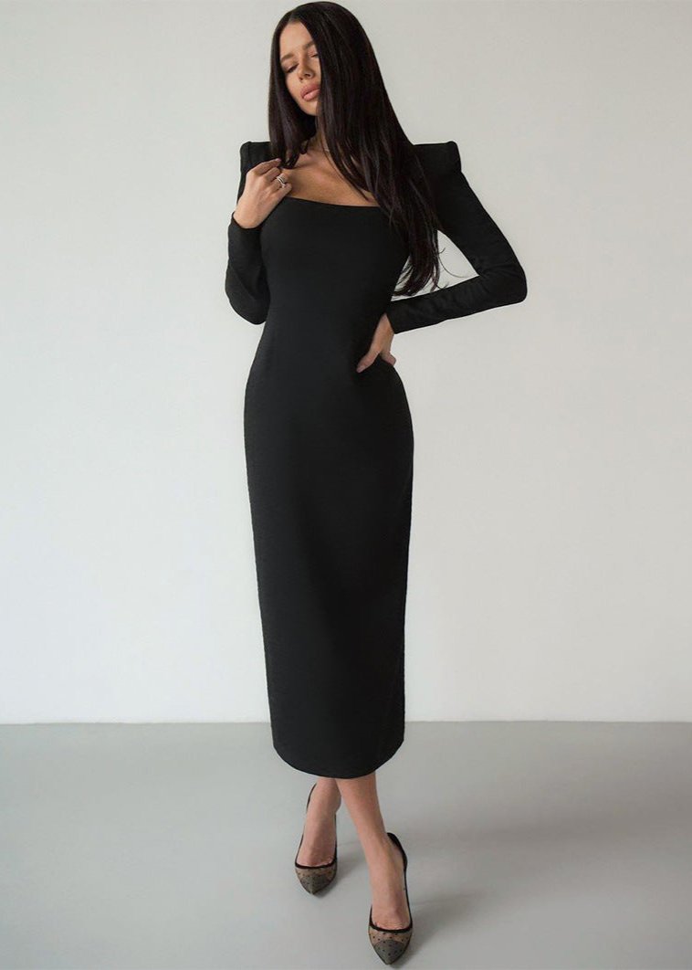 Luxe Long Sleeve Black Midi Dress