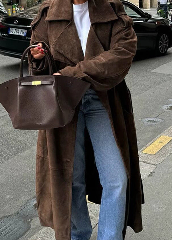 Abrigo largo tipo gabardina con cinturón de ante – Chaqueta marrón sobredimensionada de doble botonadura