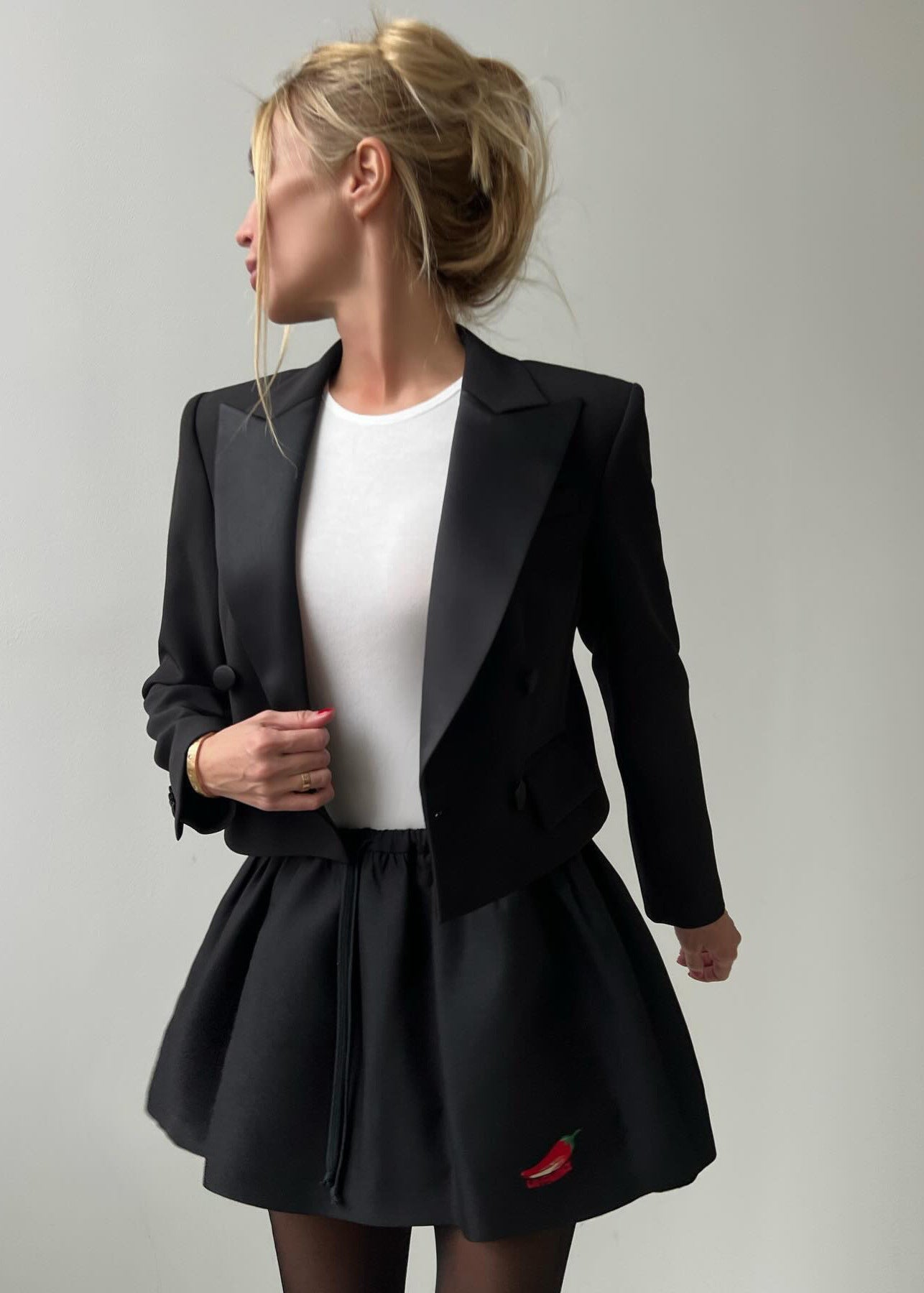 Cropped Tuxedo Blazer & Drawstring Mini Skirt Set