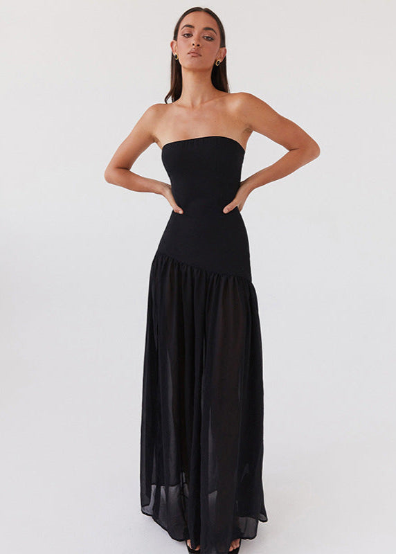 Noir Tide – Strapless Black Maxi Dress with Sheer Skirt and Side Slit