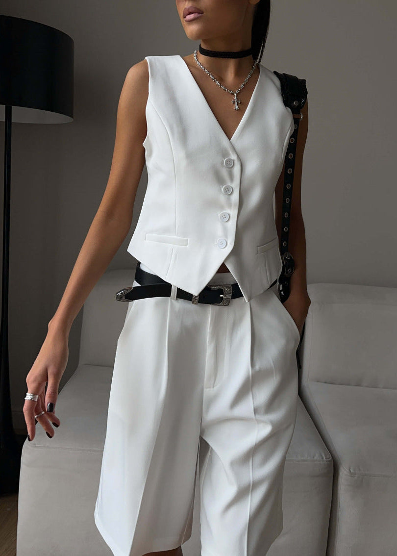 Chic White Tailored Vest & Bermuda Shorts Set