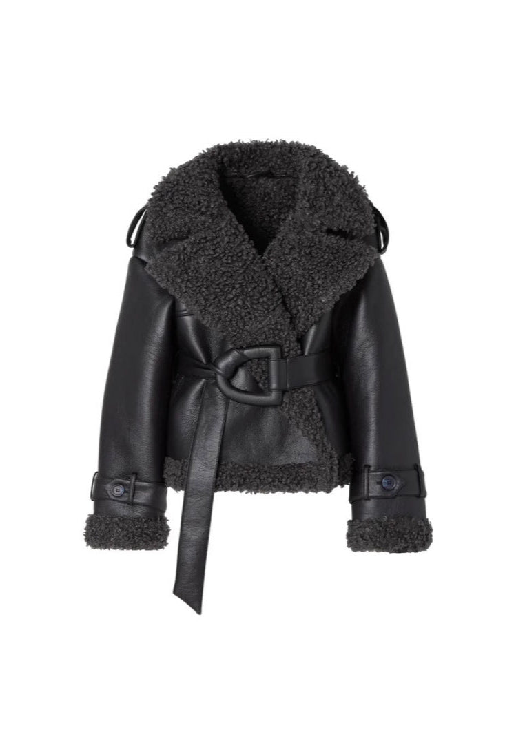 Veste aviateur doublée de shearling ceinturée