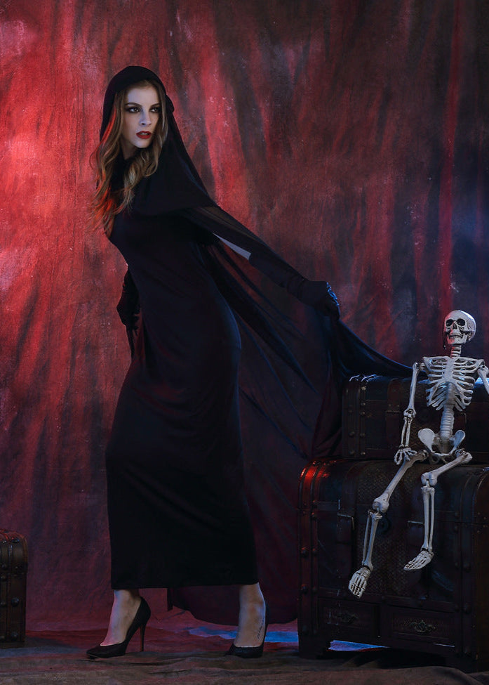 Costume da Strega Gotica - Abito Lungo Nero con Cappuccio e Mantello Trasparente