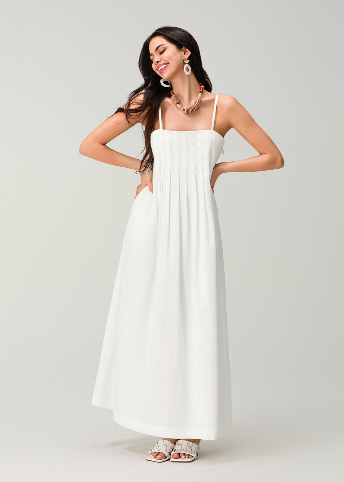 Linen Essence - White Pleated Maxi Sundress
