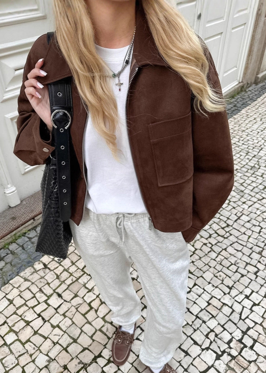 Cropped Brown Jacket – Zip Front Faux Suede Outerwear