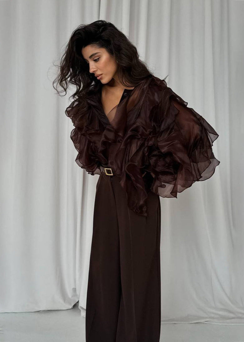 Midnight Whispers Ruffle Blouse – Sheer Organza Statement Sleeves