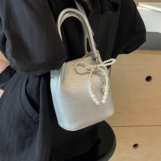 Elegant-Pearl-Accent Bucket Bag - VibeSoothe