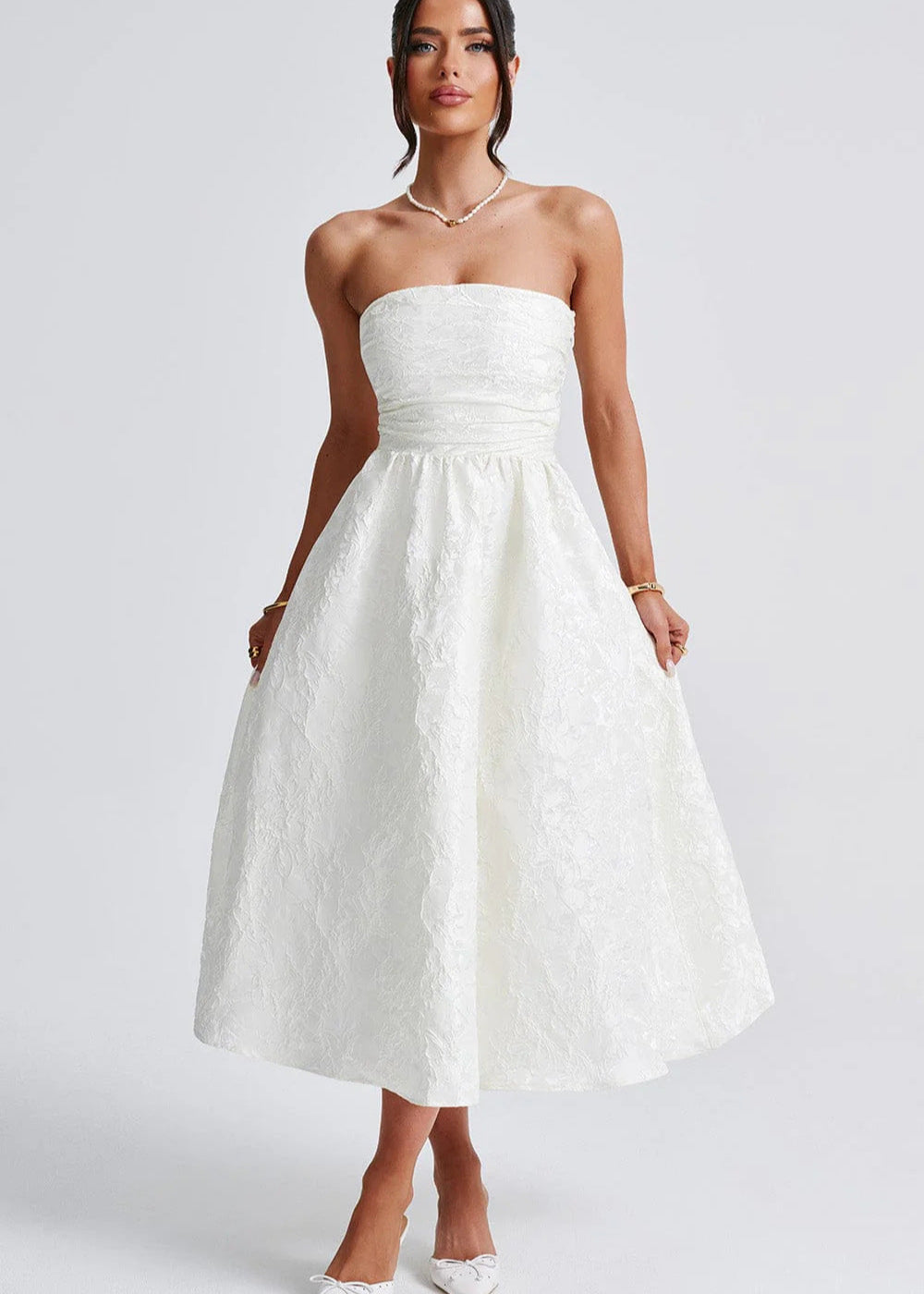 Ivory Rosette – White Strapless Jacquard Midi Dress with Corset Back