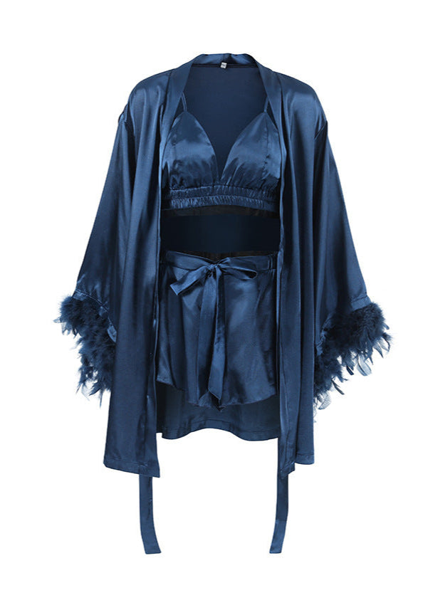 Feather Trim Satin Loungewear Set