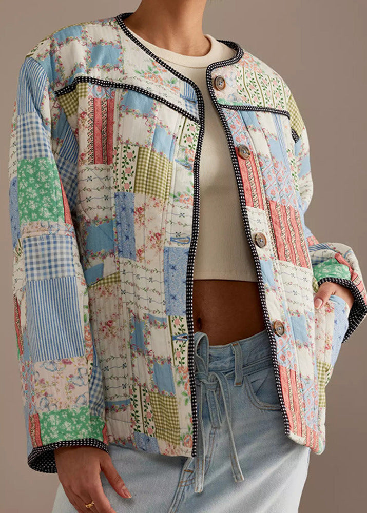 Meadow Patchwork - Cotton Quilted Jacket with Round Neck