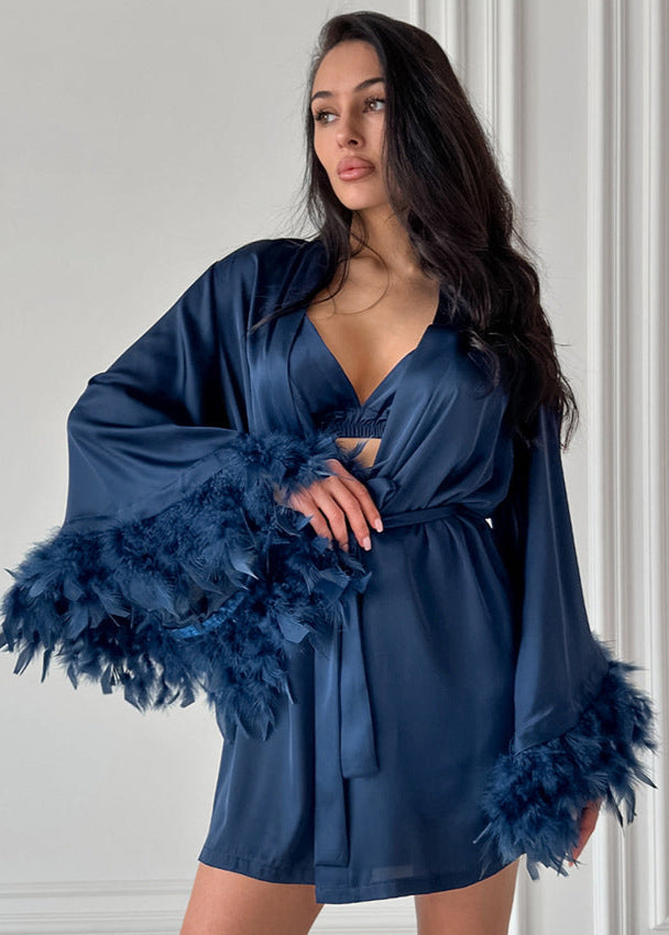 Feather Trim Satin Loungewear Set