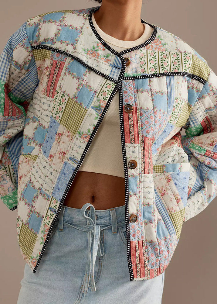 Meadow Patchwork - Cotton Quilted Jacket with Round Neck