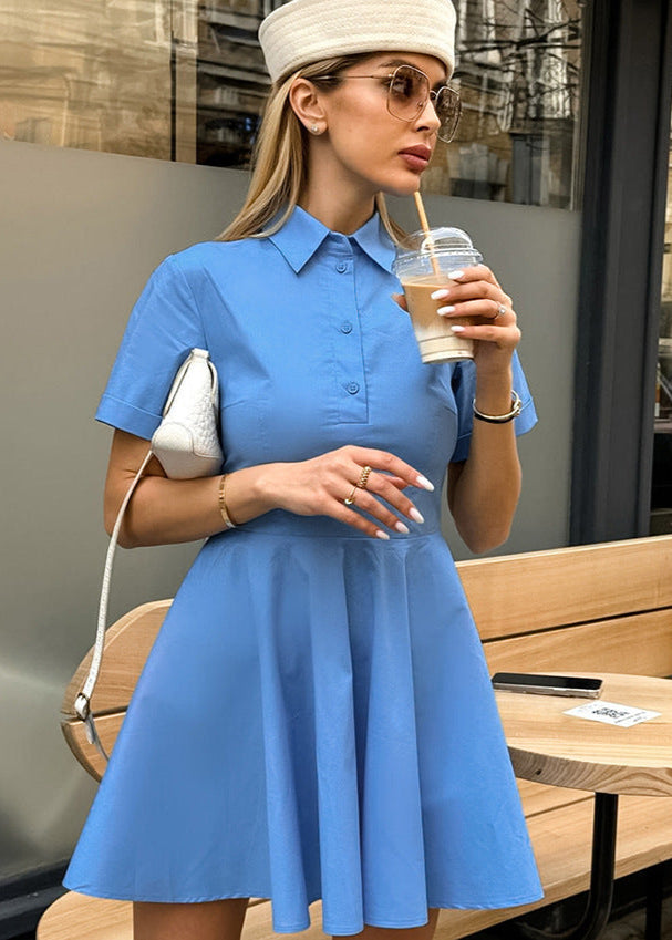 Short-Sleeve Button-Up Flare Dress