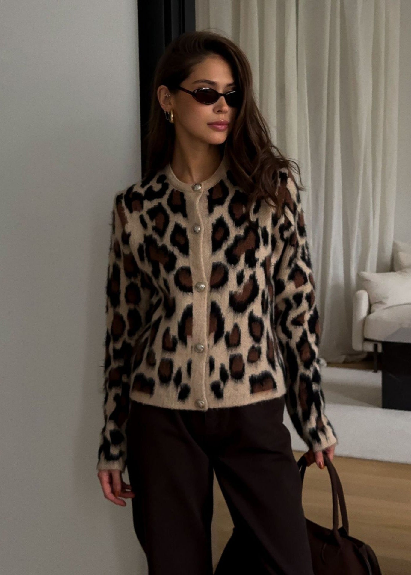 Leopard Print Button-Up Knit Cardigan