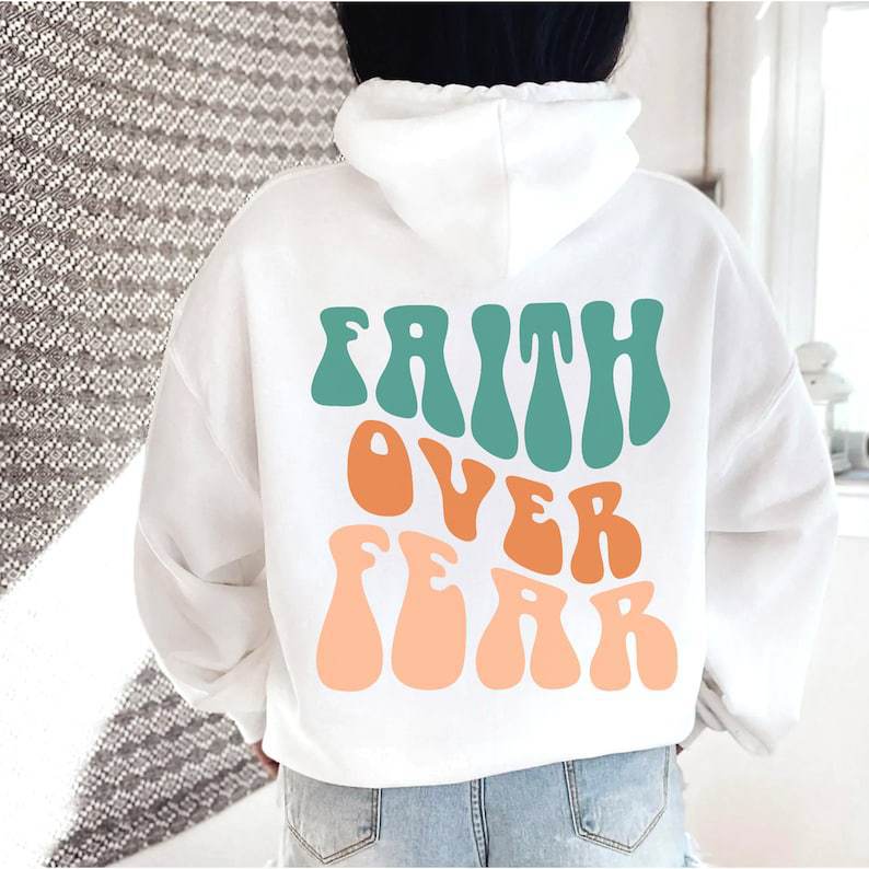 Faith Over Fear Women's Letter Kangaroo Pocket Drawstring Printed Hoodie - VibeSoothe