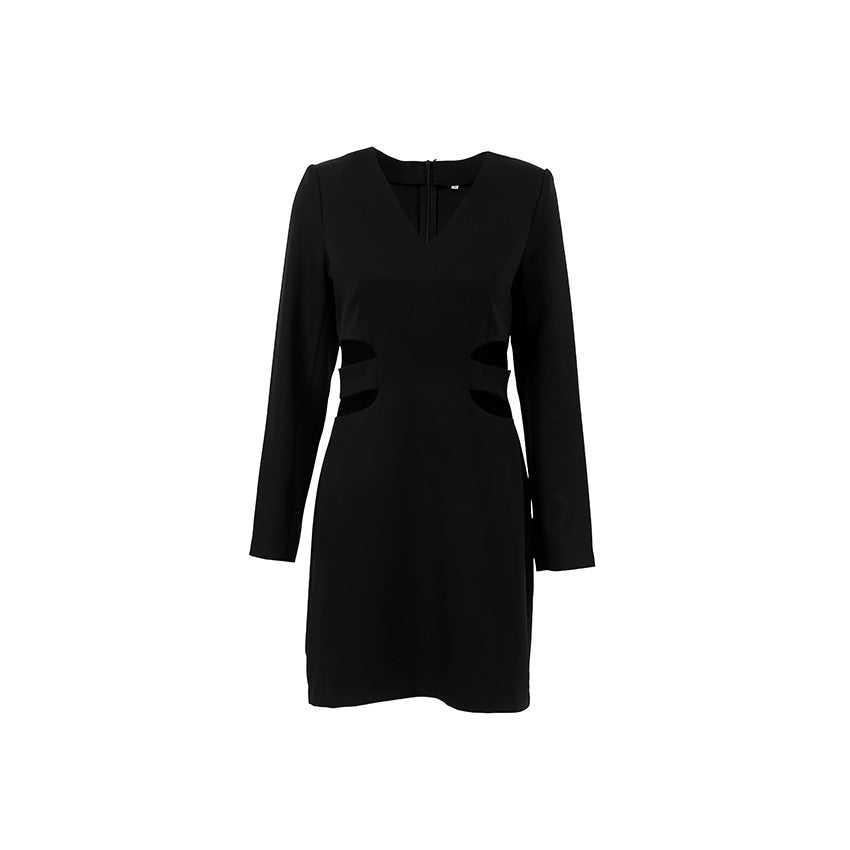 Noir Allure - Cutout V-Neck Long Sleeve Dress