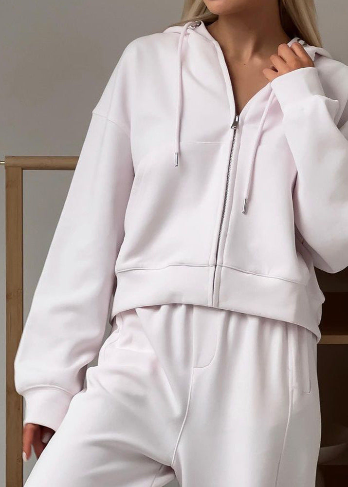 Soft Beige Zip Hoodie and Wide-Leg Pants Set – Women’s Relaxed Fit Tracksuit
