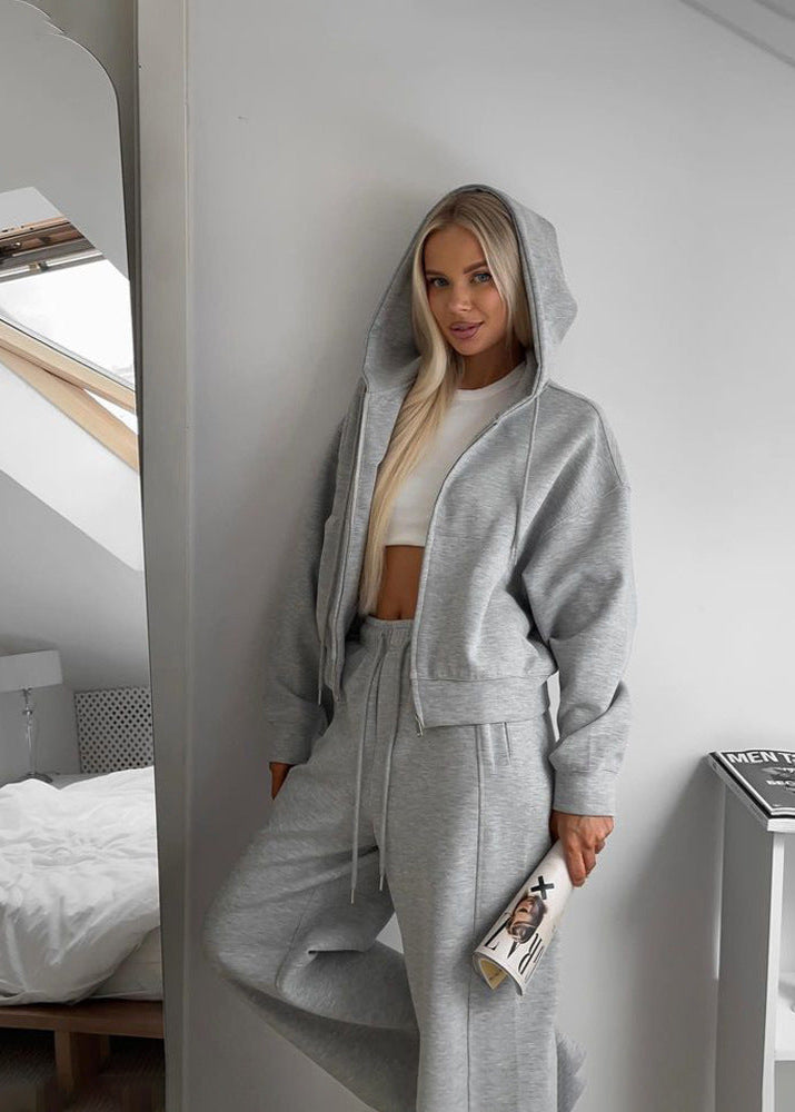 Charcoal Zip-Up Hoodie and Wide-Leg Pants Set – Cozy Two-Piece Loungewear