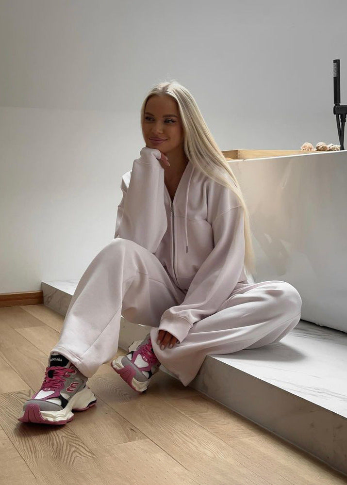 Soft Beige Zip Hoodie and Wide-Leg Pants Set – Women’s Relaxed Fit Tracksuit