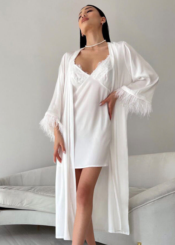 Feather-Trim Satin Robe and Nightgown Set