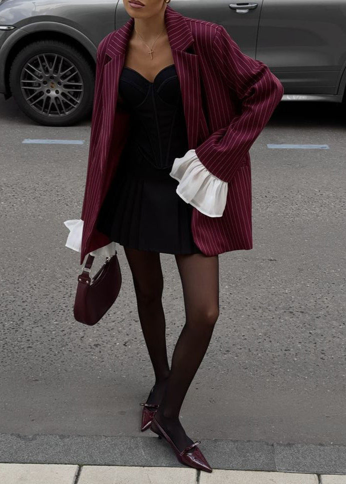 Maroon Pinstripe Blazer with Statement Sleeves