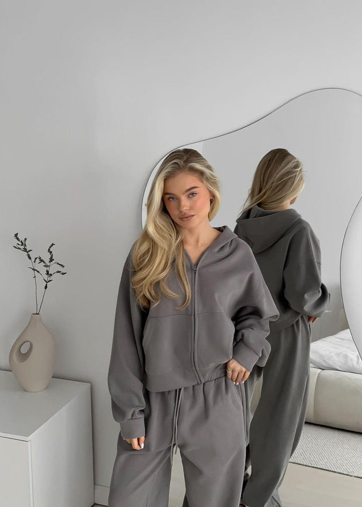 Charcoal Zip-Up Hoodie and Wide-Leg Pants Set – Cozy Two-Piece Loungewear
