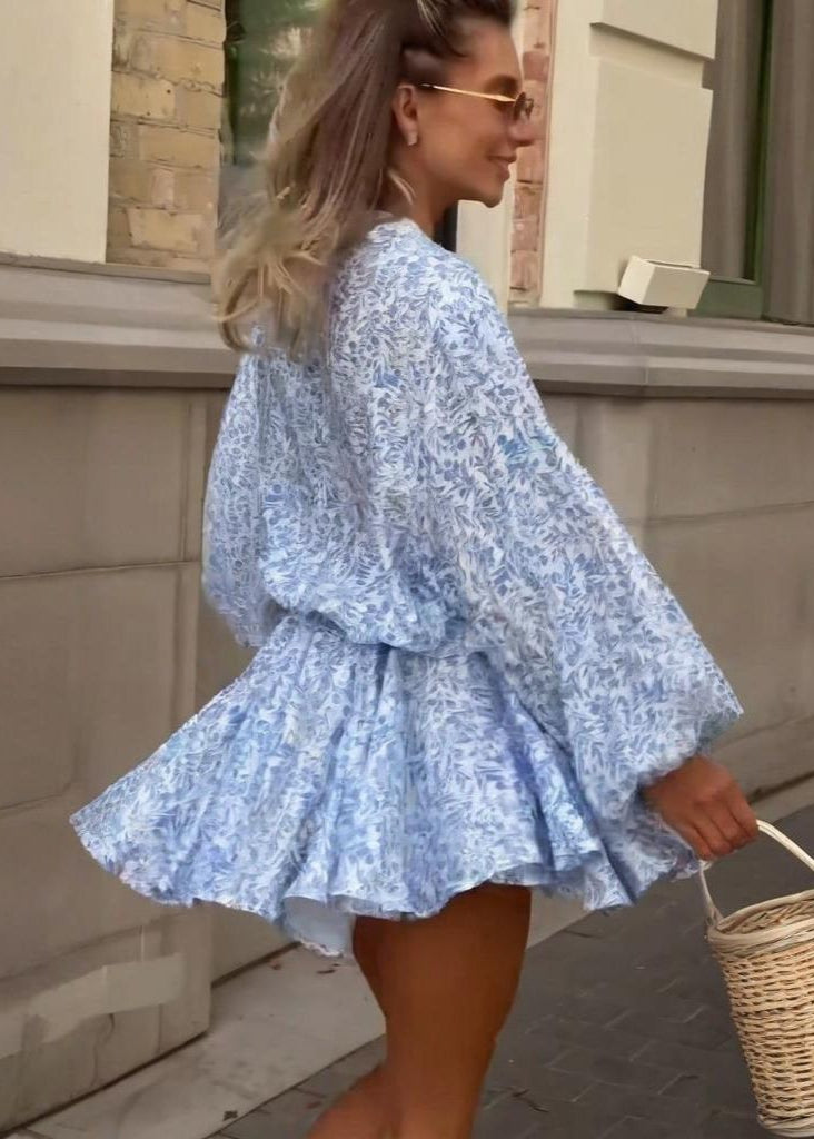 Celina - Light Blue Leaf Print Belted Shirt Dress