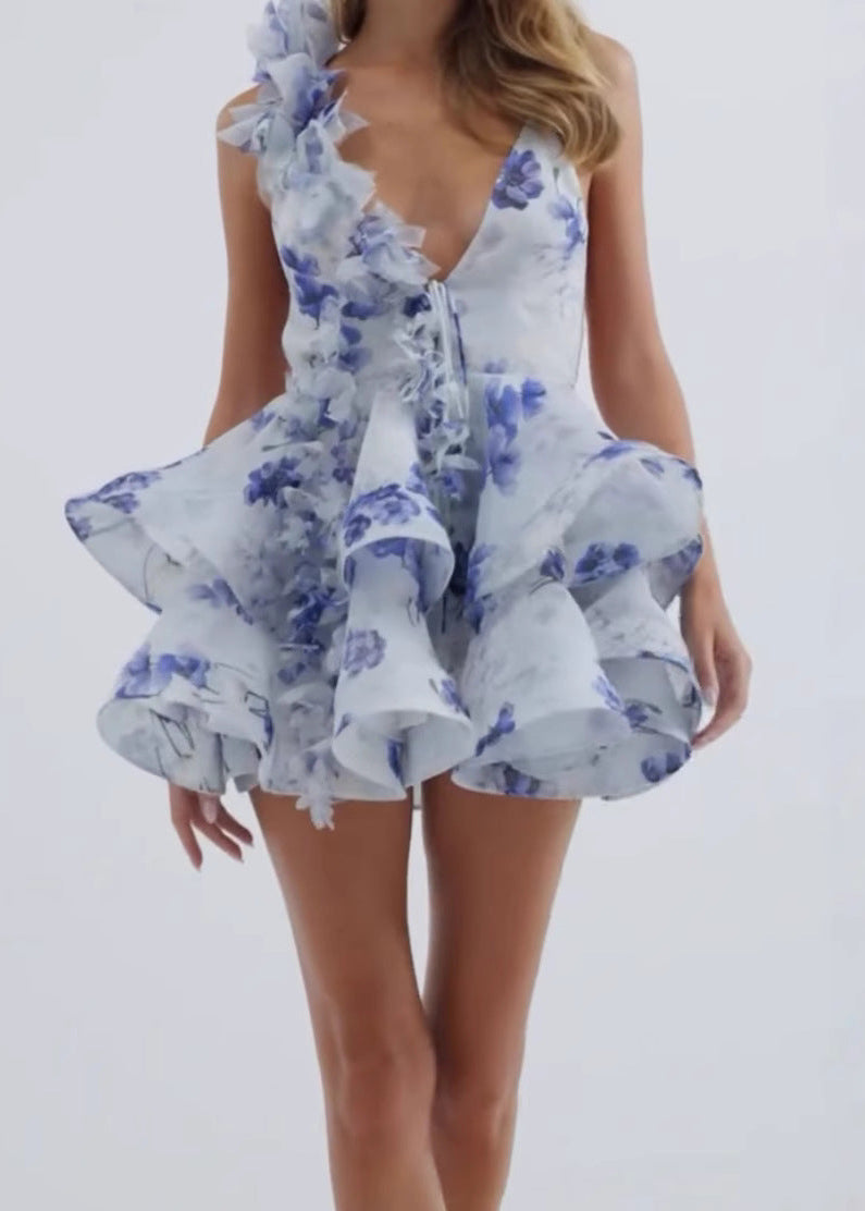 Azure Bloom - Ruffled Floral Mini Dress