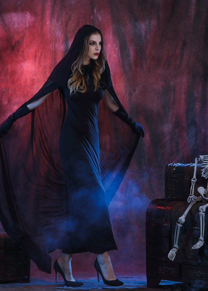 Gothic Witch Costume - Long Black Hooded Dress with Sheer Cape