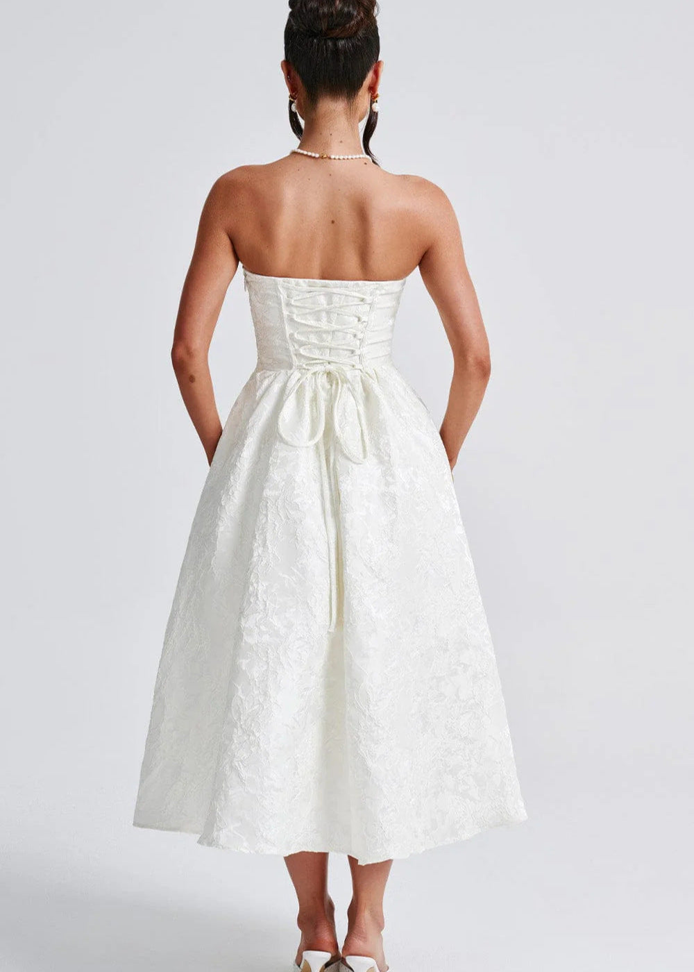 Ivory Rosette – White Strapless Jacquard Midi Dress with Corset Back