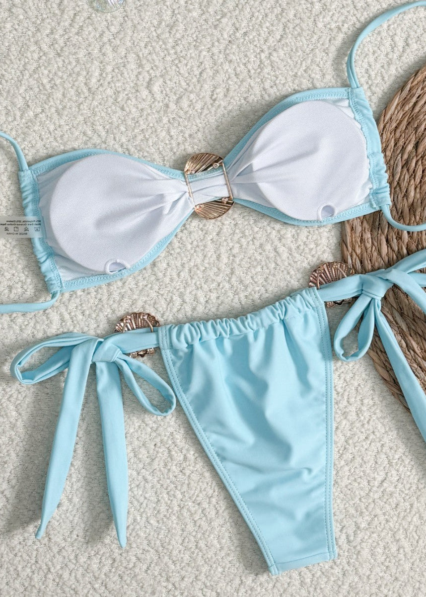 Isla Shell Detail Bikini Set – Light Blue Tie Side Swimwear