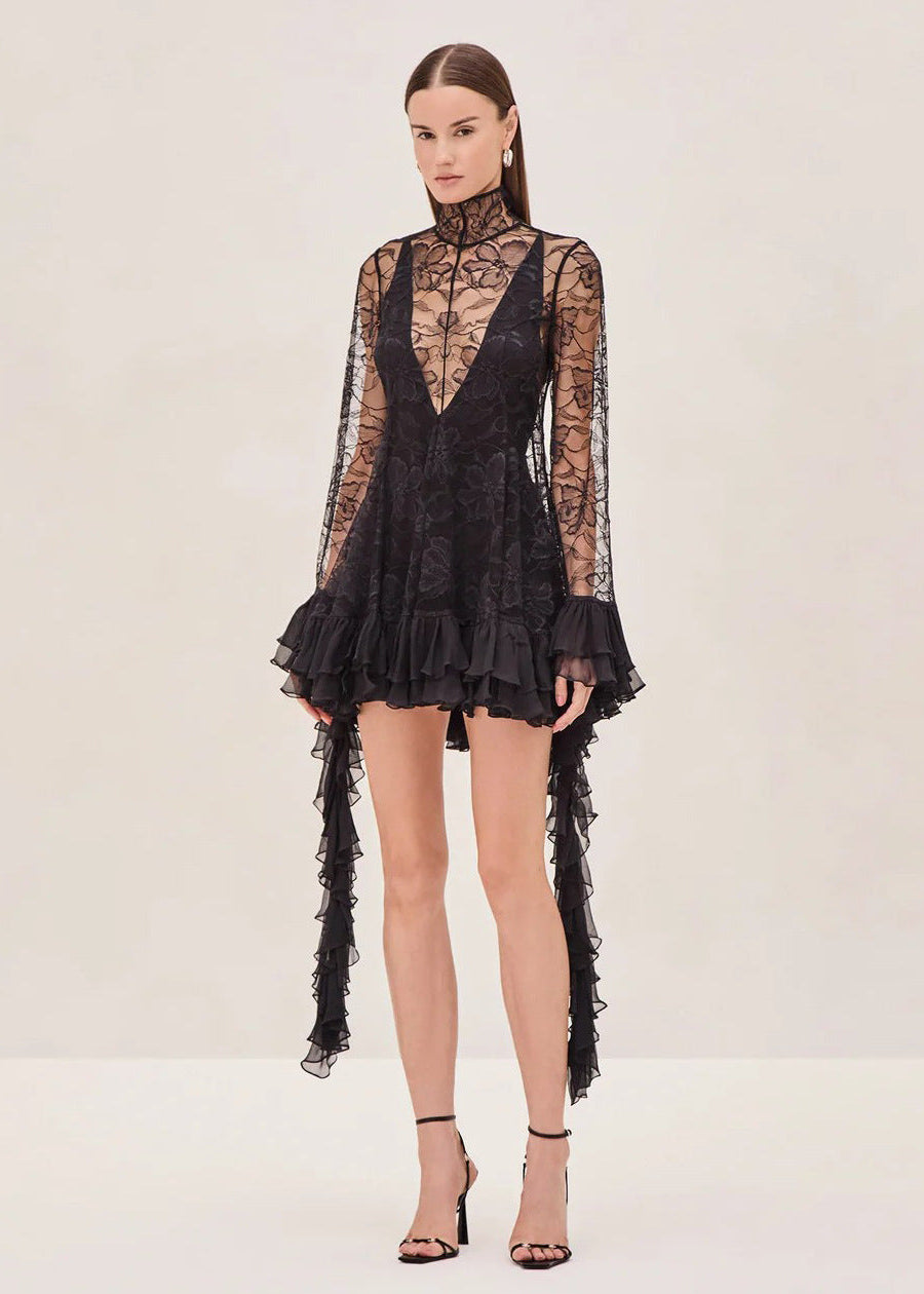 Sheer Lace Ruffle Mini Dress