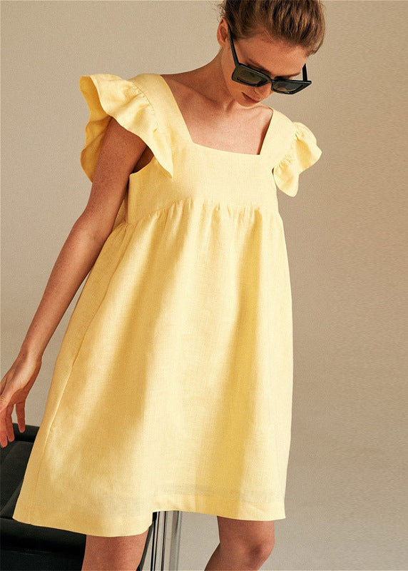 Soleil Linen Flutter-Sleeve Mini Dress