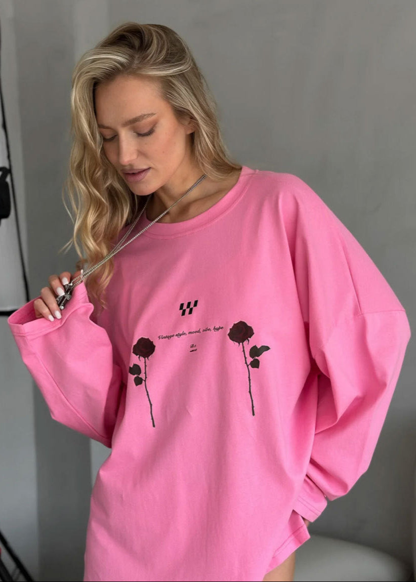 Oversized Long-Sleeve Graphic Tee with Rose Print