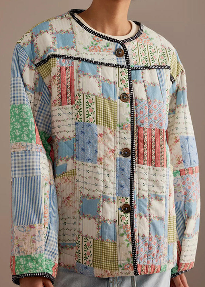 Meadow Patchwork - Cotton Quilted Jacket with Round Neck