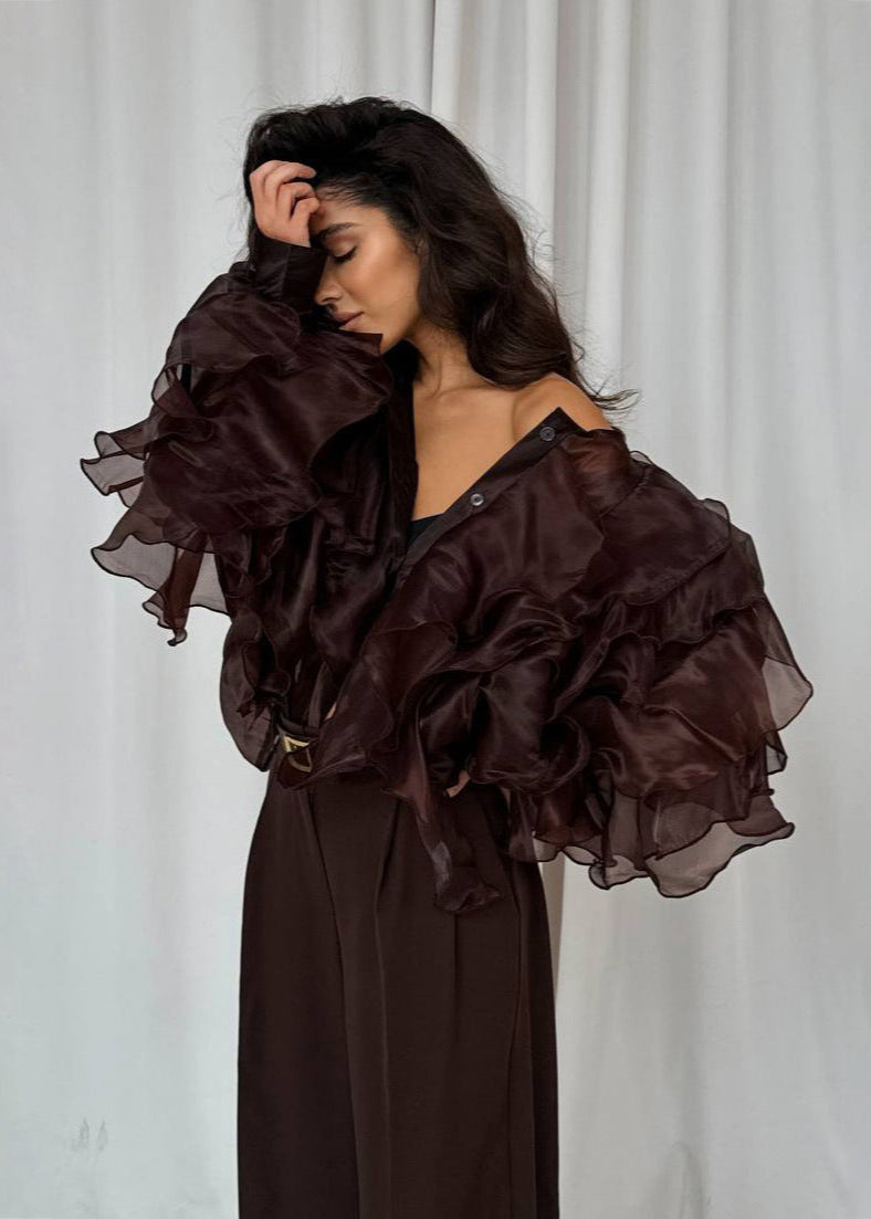 Midnight Whispers Ruffle Blouse – Sheer Organza Statement Sleeves