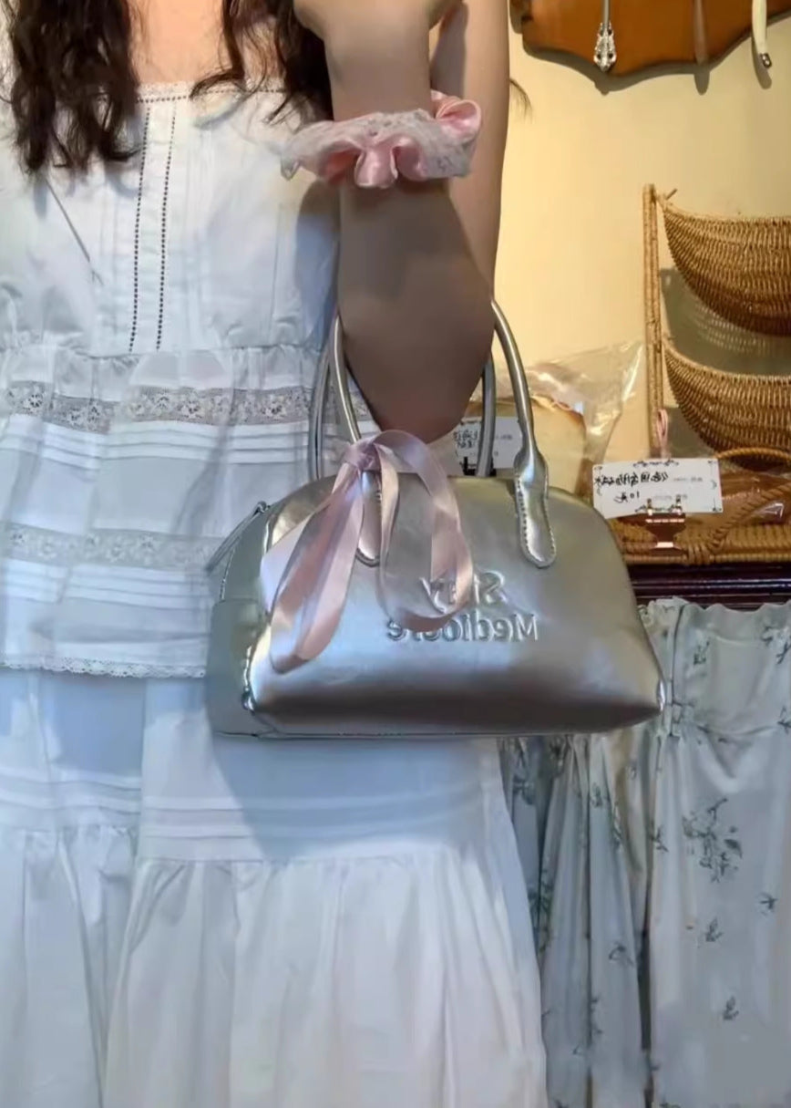 Silver Bow Mini Tote – Soft Metallic Handbag with Top Handles