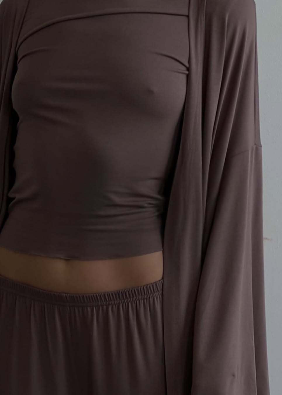 Sienna Three-Piece Lounge Set – Flowy Pants, Fitted Top & Drape Cardigan
