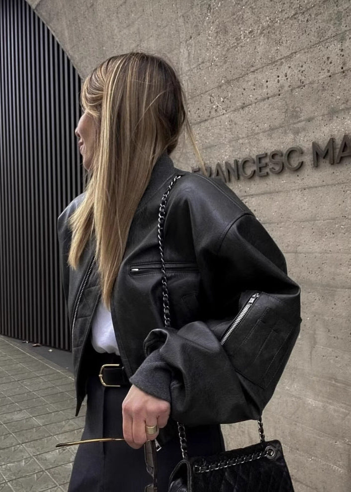 Vera - Cropped Faux Leather Bomber Jacket