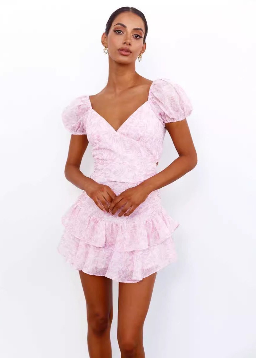 Robe Mini à Manches Bouffantes Blush Blossom