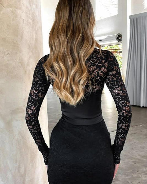 Noir Enchantment - Long Sleeve Lace Corset Dress