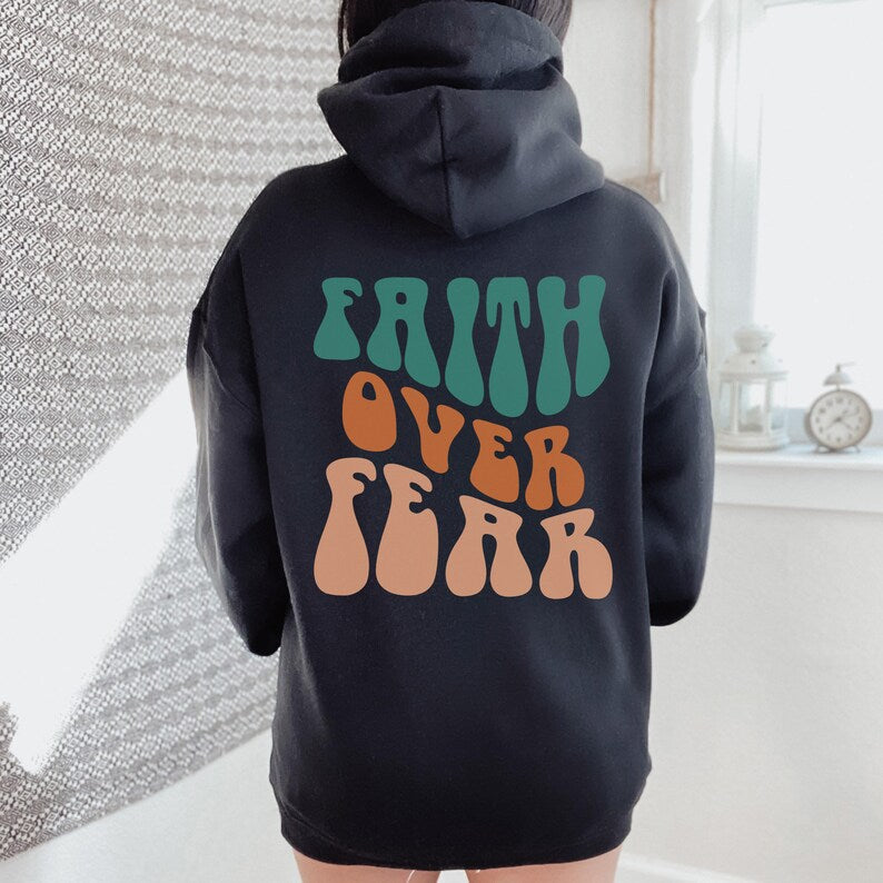 Faith Over Fear Women's Letter Kangaroo Pocket Drawstring Printed Hoodie - VibeSoothe